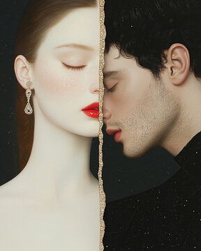 Medieval eternal love concept. Creative collage of the beautiful young woman and man using mix of different techniques. Close up portrait. Avant-garde postcard, poster style