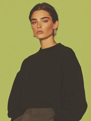 Fototapeta premium Female fashion concept. Portrait of a handsome american young model wearing designer clothes and posing on willow green background. Catalogue, campaign style. Studio shot