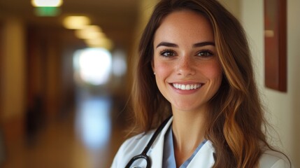 Fototapeta premium Young female doctor with long hair wearing a stethoscope, smiling confidently in a well-lit hospital corridor with soft beige tones.