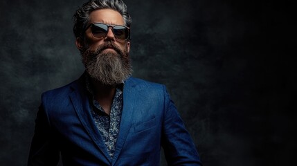 Fototapeta premium Bearded middle-aged man with sunglasses wearing a vibrant blue jacket and patterned shirt against a dark grey studio background showcasing confidence and style.