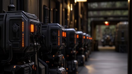 Fototapeta premium Futuristic corridor lined with advanced technology units emitting orange lights in a dimly lit space