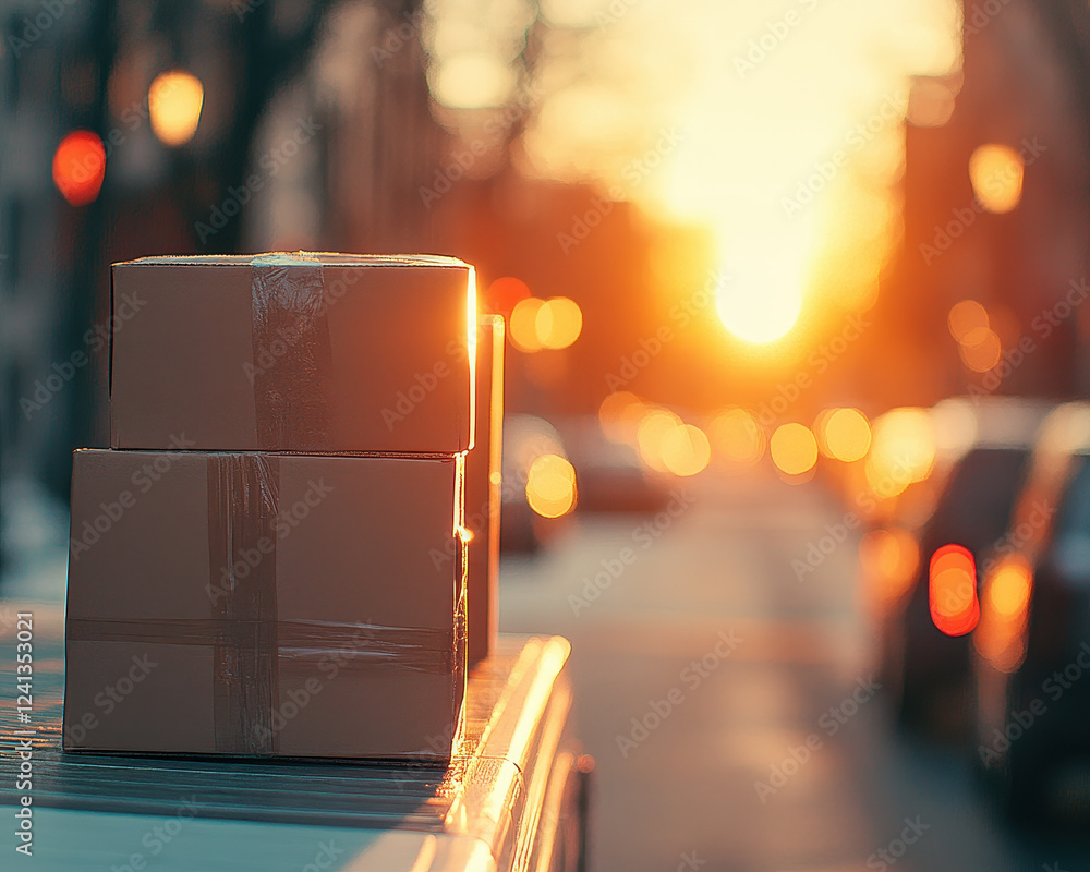 Poster packages stacked neatly on moving truck during sunset, creating warm and inviting atmosphere. soft g