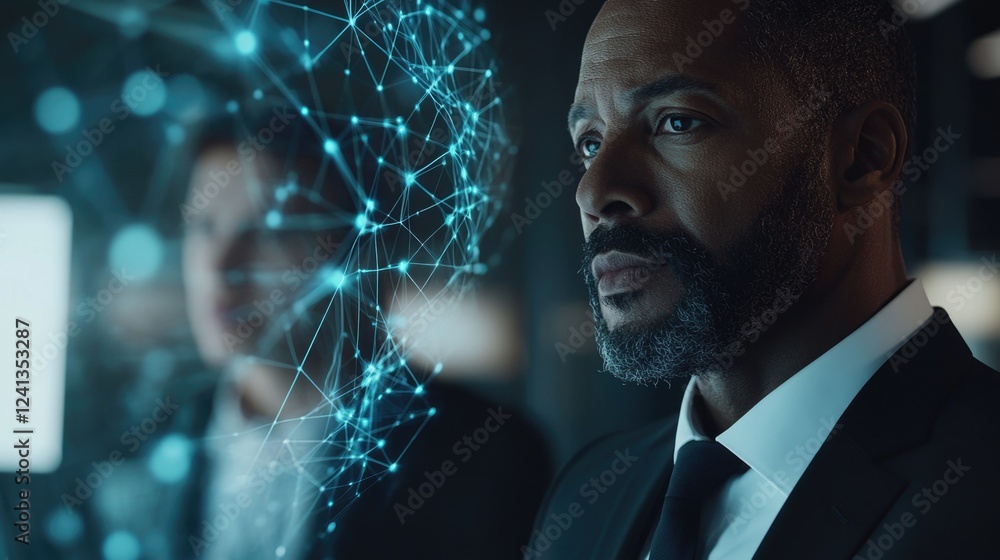 Poster business professionals analyzing digital data connections in a modern office environment with abstra