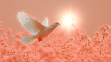 Serene white dove in flight over a field of soft coral flowers, bathed in warm sunlight.  A peaceful, ethereal image perfect for concepts of hope, peace, and new beginnings.
