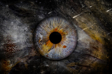 Close up of eye iris on black background, macro, photography.
Human iris with space effect.