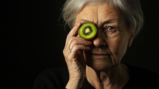 senior woman holding a kiwi fruit in front of her eye creating a playful contrast against a deep black background showcasing her thoughtful expression