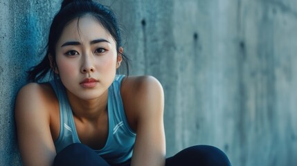 Fototapeta premium Young Asian woman in activewear with an introspective expression sitting against a textured concrete wall, perfect for wellness and fitness concepts.
