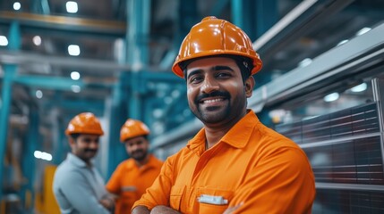Multicultural engineers collaborating at a solar panel facility with orange safety helmets, smiling technician in foreground, professional work environment.