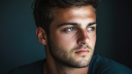 Fototapeta premium Young handsome Caucasian man with stylish hair and a thoughtful expression in a casual setting, showcasing sophisticated fashion against a dark background.