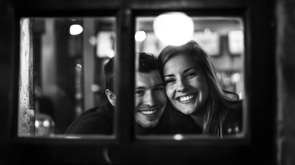 Cheerful young couple with bright smiles captured through a rustic window in a cozy interior, showcasing warmth and connection in black and white.