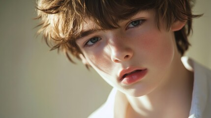 Fototapeta premium portrait of a youthful boy with tousled brown hair and blue eyes captured in warm natural light with soft focus highlights on his delicate features