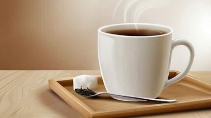 Aromatic Hot Tea in a White Mug on a Wooden Tray