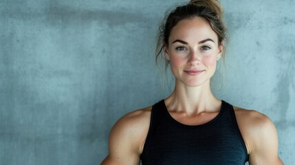 Woman with athletic build smiling confidently in black tank top against grey concrete background, showcasing fitness energy and wellness training with dumbbells.