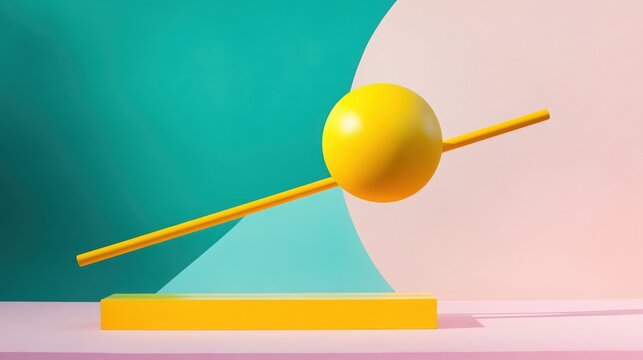 Balancing yellow ball on stick, minimalist concept. Abstract composition, pastel colors, balancing art, precariousness, equilibrium, levitation, studio shot. - Powered by Adobe