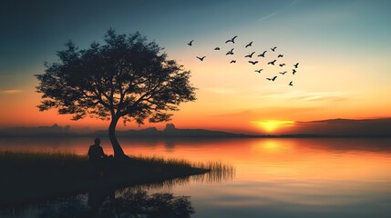 A tree in the middle of a body of water, birds flying above it, with a sunset in the background
