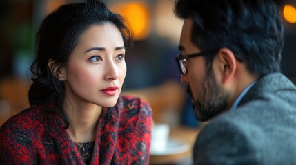 Naklejka premium Focused Asian woman and serious bearded man engaged in a business meeting indoors, warm tones in a cozy cafÃ© setting, conveying professionalism and intent.