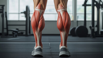 Muscular anatomy of human calves displayed in gym setting, showcasing detailed muscle structure and definition. image highlights fitness and strength training
