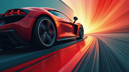 Naklejka premium Red sports car speeding on a futuristic curved road
