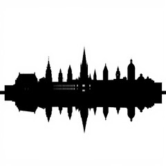 Fototapeta premium Silhouettes of people stand before a giant globe looking out at a city skyline silhouetted skyline cityscape architecture illustration building city vector