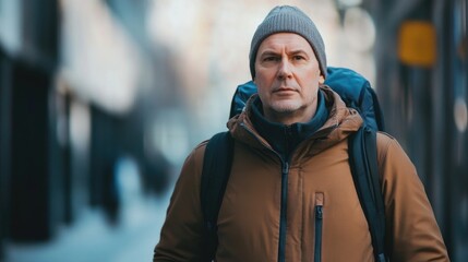 Middle-aged man with backpack wearing brown jacket and gray beanie walking on urban street, showcasing confidence against blurred city backdrop.