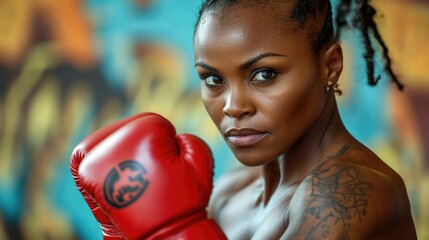 Powerful and determined African woman boxer training in vibrant gym with striking red gloves showcasing strength and focus