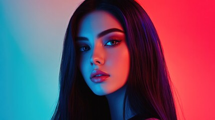 Obraz premium Portrait of a young woman with long dark hair showcasing vibrant makeup against a gradient blue and red background highlighting her facial features.