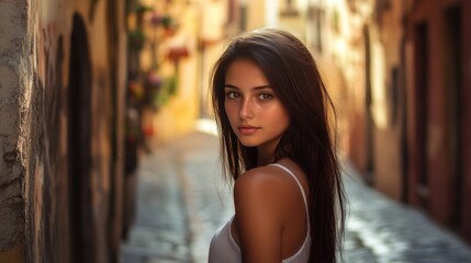 Naklejka premium Brunette young woman looking back while walking in a narrow cobblestone street adorned with flowers in warm sunlight, showcasing charming urban architecture.