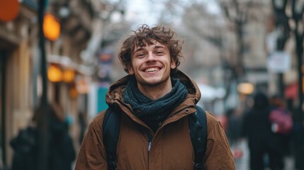 Smiling young Caucasian man with curly hair in brown coat walking joyfully in a city street with blurred pedestrians and warm light accents in winter atmosphere.