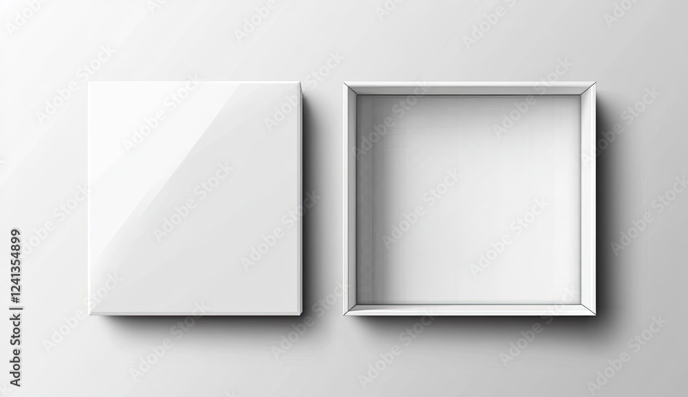 Poster vector white open empty box mockup template on a transparent background, top view. --ar 64:37 --v 6.