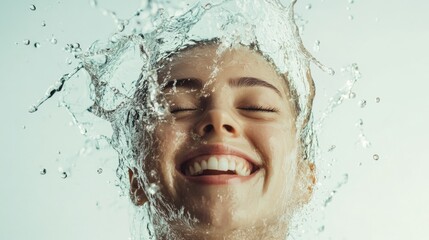 Joyful Young Woman's Face Beaming with Happiness Surrounded by Vibrant Water Splash Isolated on Light Background, Celebrating Refreshment and Vitality