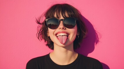 Playful young woman with short dark hair and sunglasses sticking out her tongue against vibrant pink wall background, capturing a fun and cheerful mood.