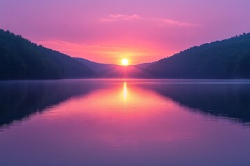 Fototapeta premium Serene Sunrise Over Calm Lake Between Mountains