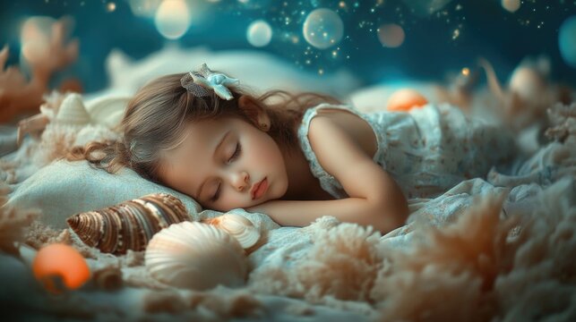 Serene sleeping girl with brown hair peacefully resting on a soft bed of seashells and delicate coral, surrounded by magical glowing orbs and gentle bokeh. - Powered by Adobe