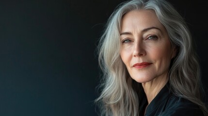 Mature woman with long silver hair gazing confidently at camera with soft natural makeup posing in dark salon setting for hair care and beautyConcept