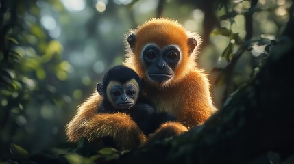 Obraz premium A heartwarming image of an adult and baby monkey in a lush jungle setting.