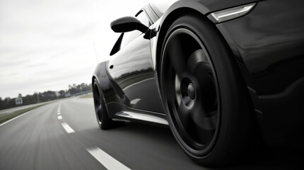 Close-up of a sleek black car on the highway