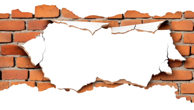 PNG Brick Wall with a Hole Revealing Blank Space, transparent background