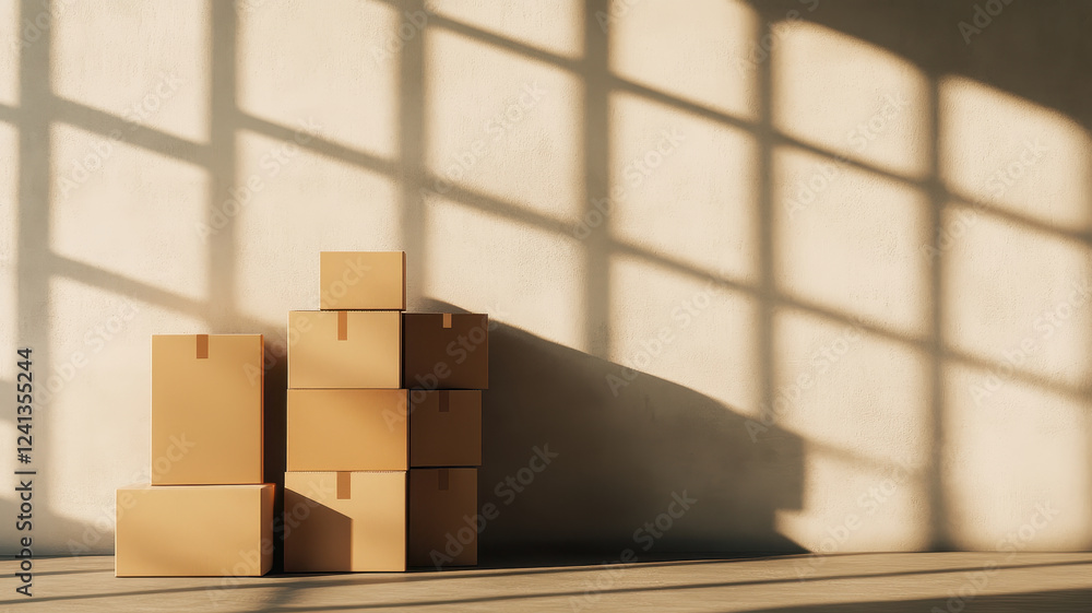 Poster stacked moving boxes in sunlit room create warm, inviting atmosphere, perfect for packing and organi