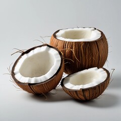 Two halves of a coconut, showing the brown shell and white flesh inside. Set of fresh whole and half coconut and slices, Two halves of a coconut on a white surface, suitable for tropical themes.