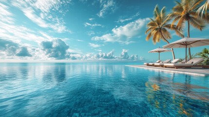 Fototapeta premium A picturesque pool area with sun loungers and umbrellas, encircled by palm trees, providing a peaceful sea view for ultimate relaxation. 