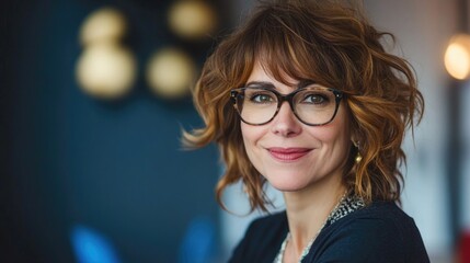 Fototapeta premium Casual portrait of a smiling middle-aged businesswoman with curly brown hair and glasses in a modern office environment with warm lighting.