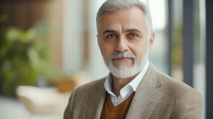 Naklejka premium Senior businessman with gray beard dressed in casual attire, confidently leading online course, indoors in bright office setting with natural light.