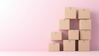 Obraz premium Moving boxes arranged in symmetrical pattern against pink wall, creating visually appealing and organized look. Perfect for storage or relocation themes