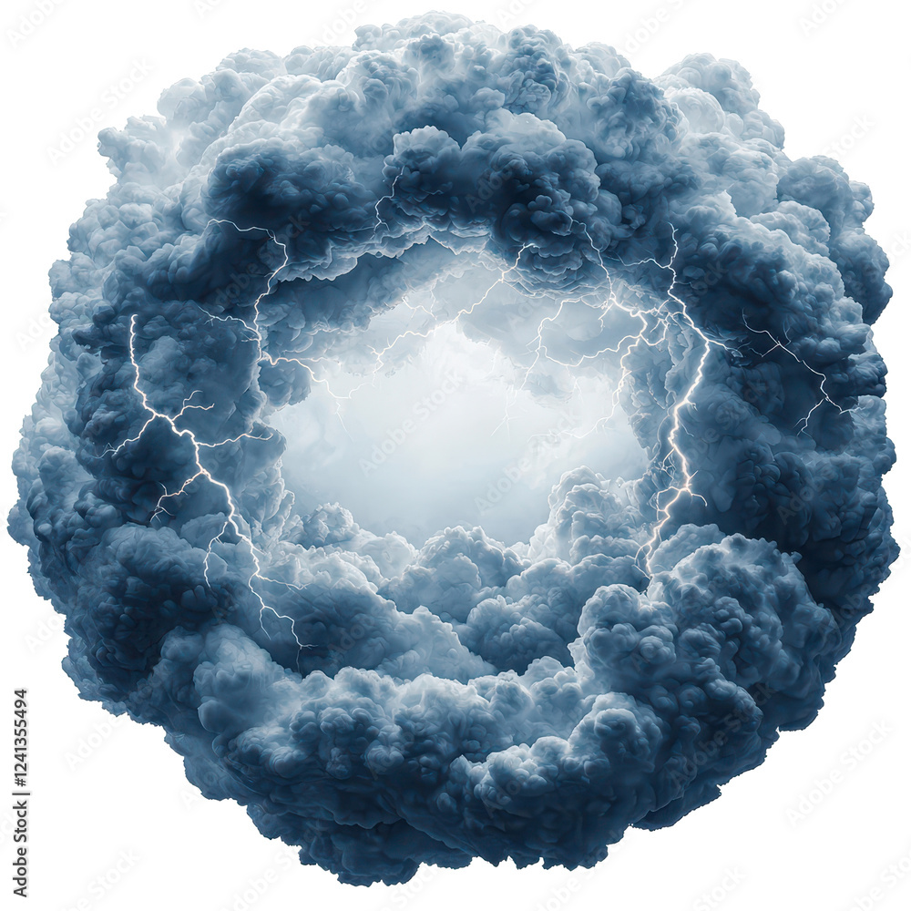 Poster dramatic circular cloud pattern with lightning radiating outward, creating striking visual