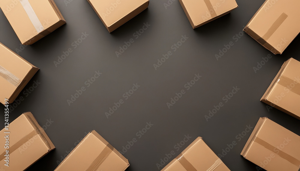 Aufkleber arranged moving boxes in symmetrical pattern on dark surface, creating visually appealing layout. id