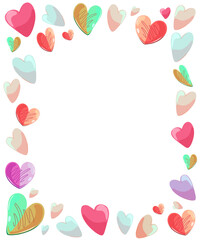 A frame with cute hearts in red, pink and pastel colors from a set of romantic greeting art for your loved ones on Valentine's Day. Vector.