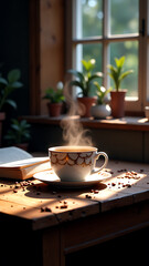 "Steaming Cup of Coffee on Rustic Wooden Table in Cozy Sunlit Library"