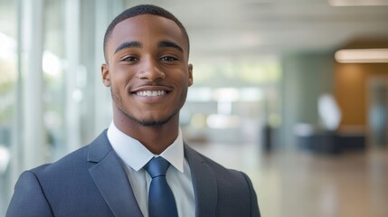 Smiling young adult man in professional attire at modern office space with bright interior and natural light coming through large windows