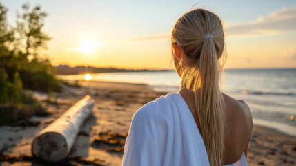 Fototapeta premium Pretty blond woman walking on sandy beach during sunset with wet white towel on shoulders looking towards horizon over calm waters in serene landscape