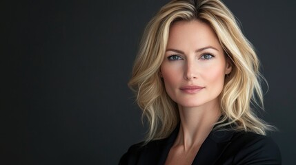 Naklejka premium Portrait of confident middle-aged businesswoman with wavy blonde hair against dark grey backdrop showcasing professional attire and natural beauty